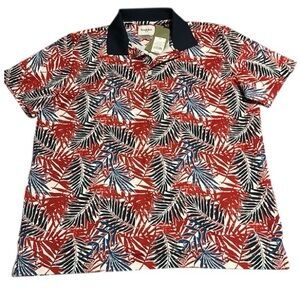 🌺 GOODFELLOW Aloha Red & Blue Short Sleeve 1/4 Button Down Collared Top Sz XL
